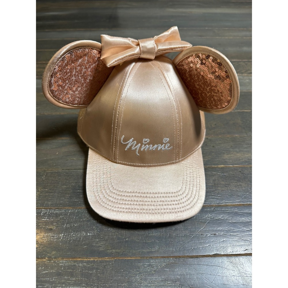Disney Parks Minnie Mouse Rose Gold Satin Sequin Ear Bow Baseball Cap Hat Kids